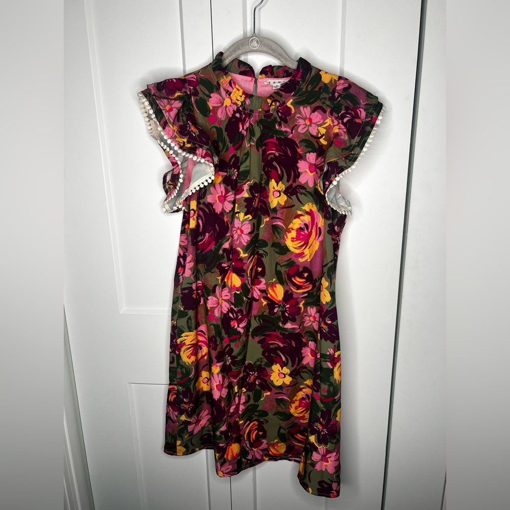 THML Floral Flutter Pom Pom Sleeve Sheath Dress Women's Size Small